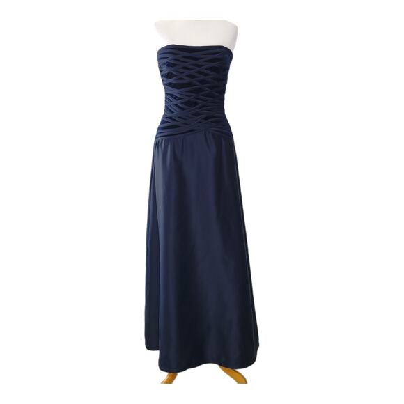 Tadashi Neiman Marcus Strapless Formal Gown Navy Satin Velvet Bodice 10 - Picture 1 of 14